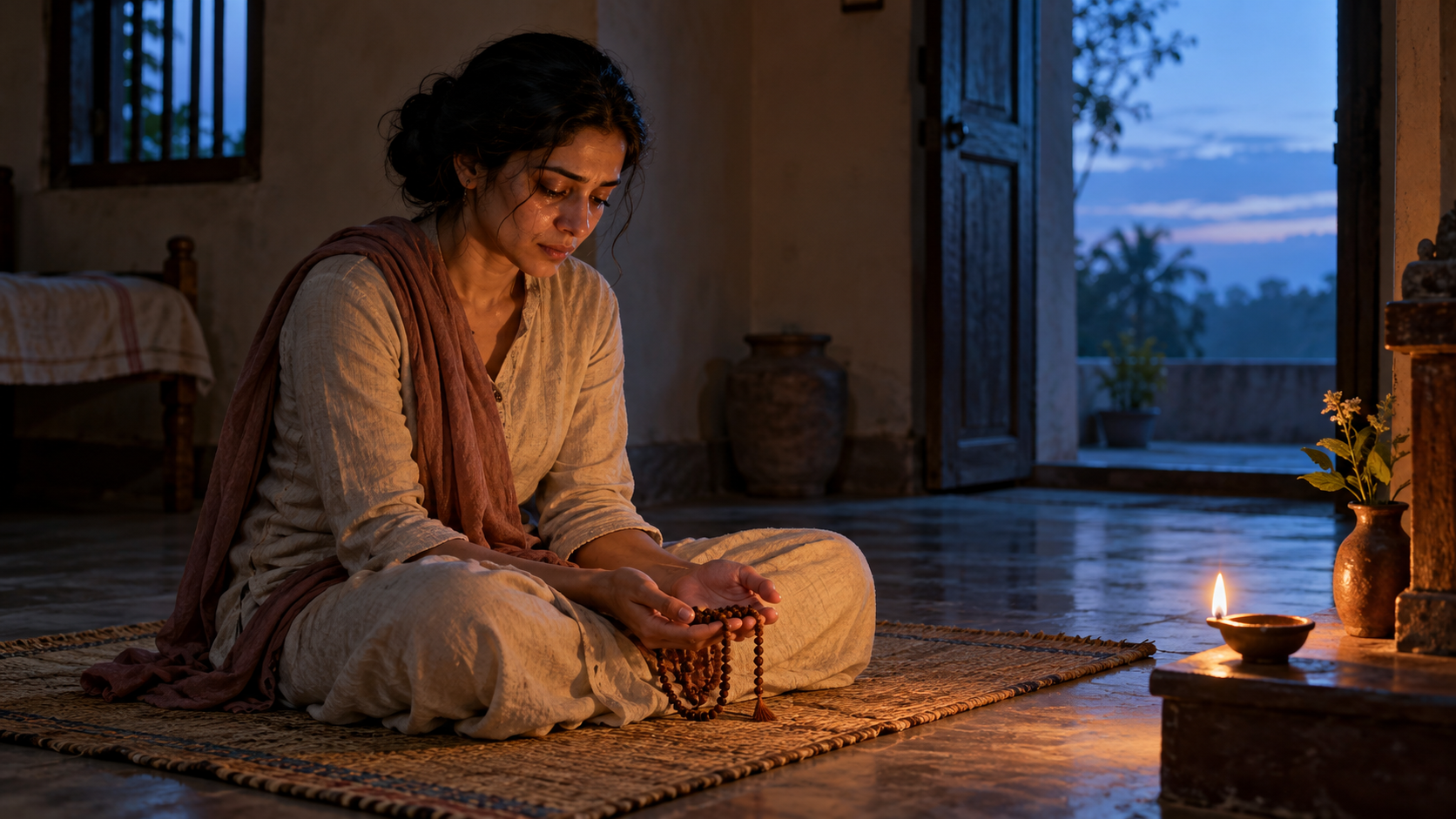 A practitioner holds prayer beads in open hands before a small oil lamp as dawn light enters a quiet room.