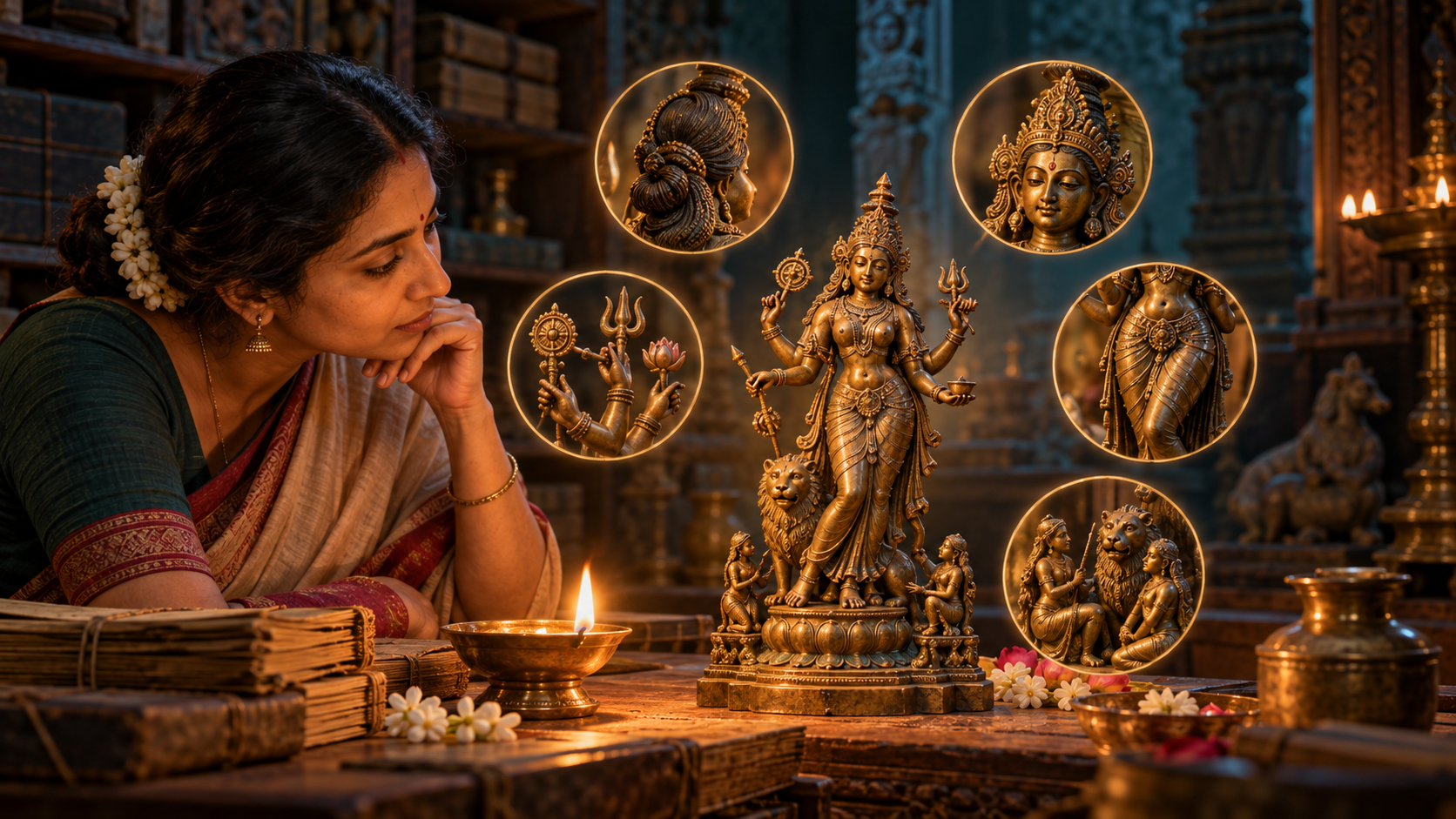 A scholar examines a bronze figure of Devi while five unlabeled visual details highlight its hair, ornaments, hands, posture, and surrounding context.