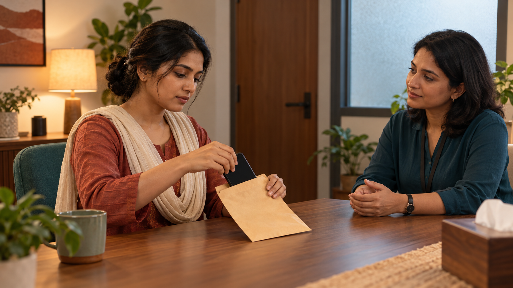 A woman at a private support desk considers placing a smartphone into an evidence envelope as another woman listens respectfully.