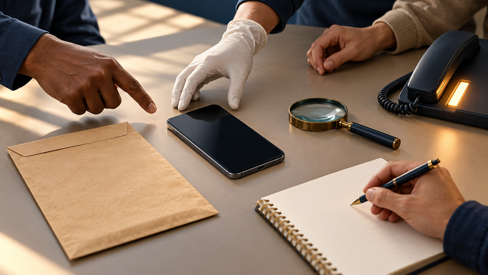 Several hands carefully preserve a smartphone beside a blank evidence envelope, notebook, magnifying glass and desk phone.