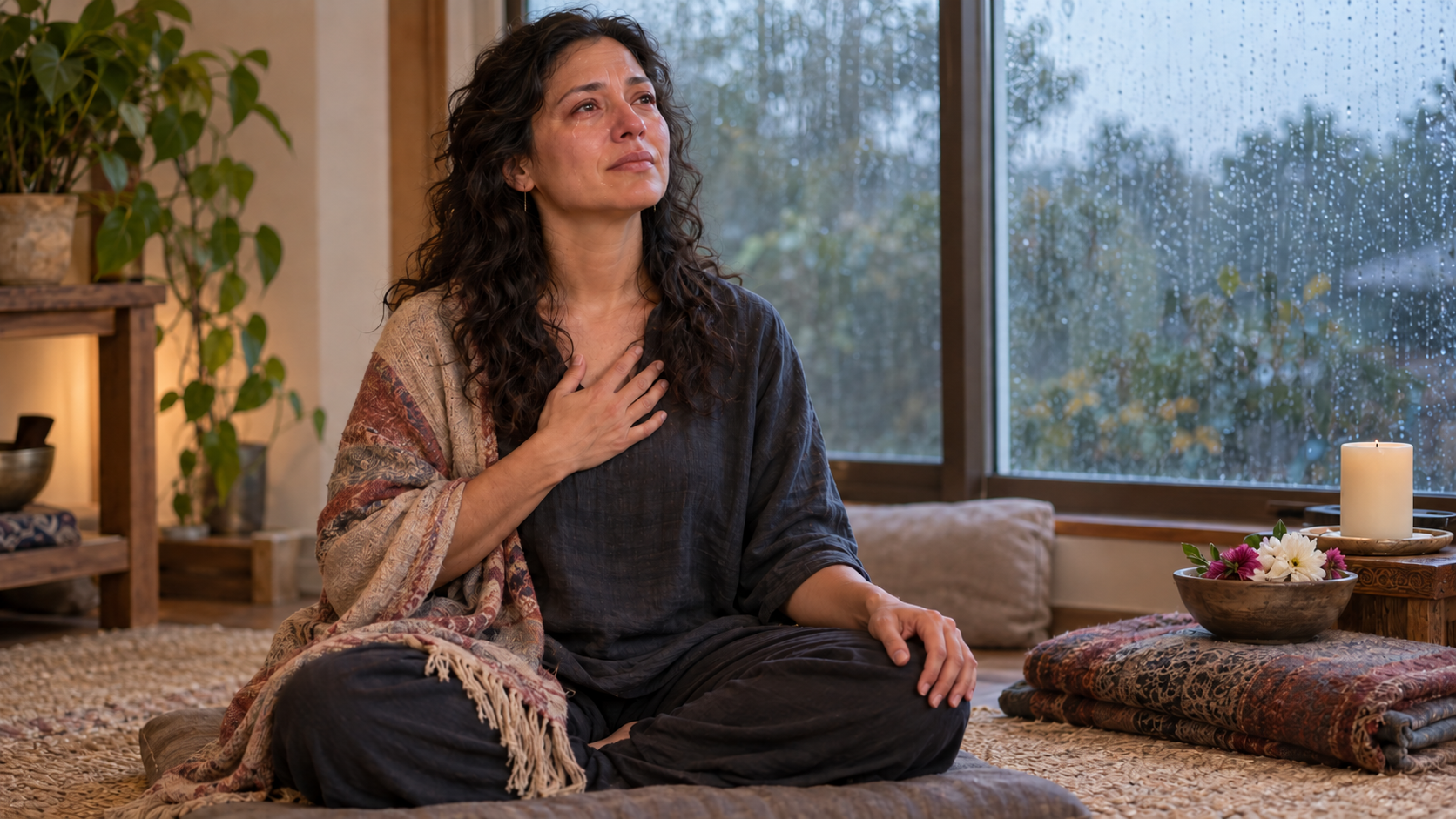 A tearful practitioner sits upright in a simple prayer space while rain falls outside the window.
