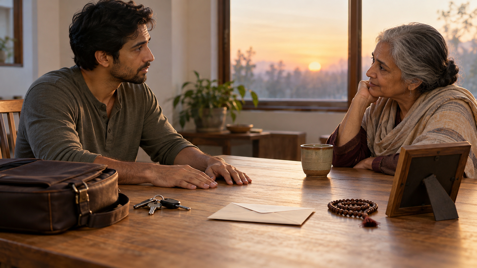 Two adults sit across a table with prayer beads, keys, a work bag, and a family photograph between them.
