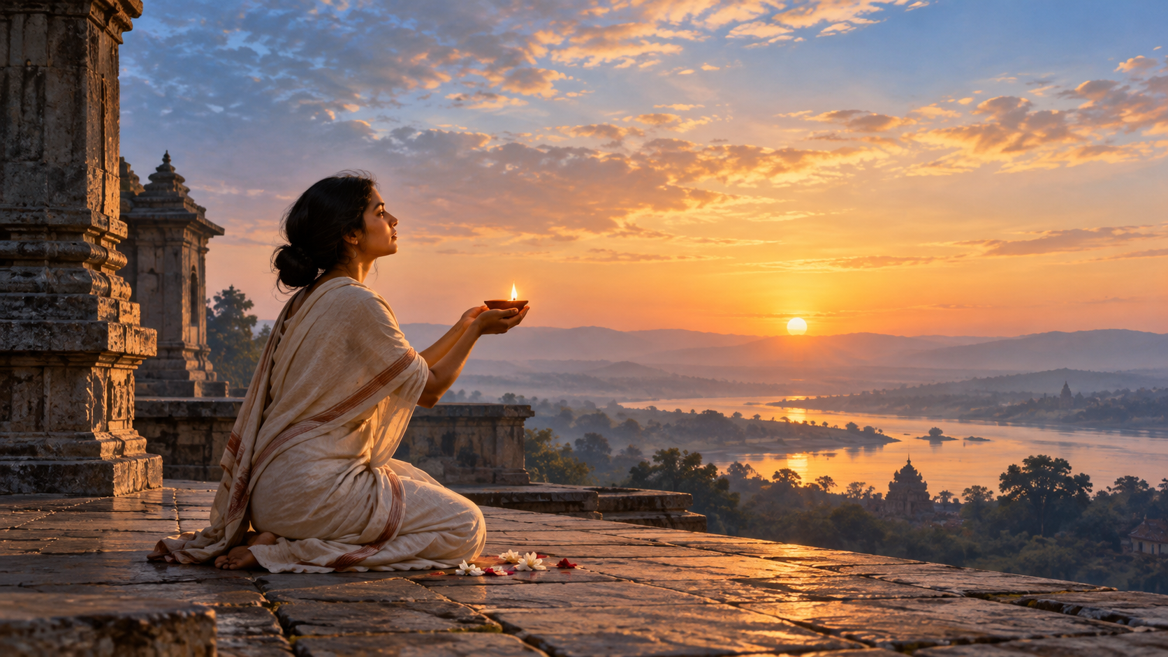 A solitary devotee offers a small clay lamp on a quiet stone terrace at dawn.