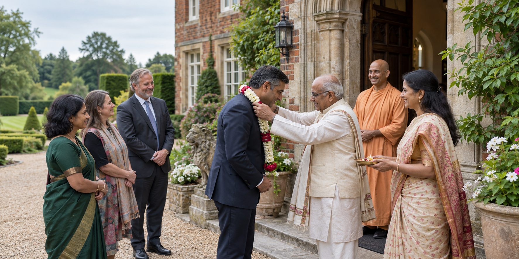 A visiting public official is welcomed with a flower garland by community representatives outside an English country manor used as a Hindu spiritual centre.