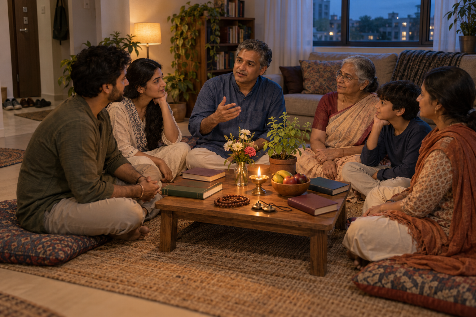 A multigenerational group sits in a home around a lamp, flowers, prayer beads, hand cymbals, fruit, and unmarked devotional books.