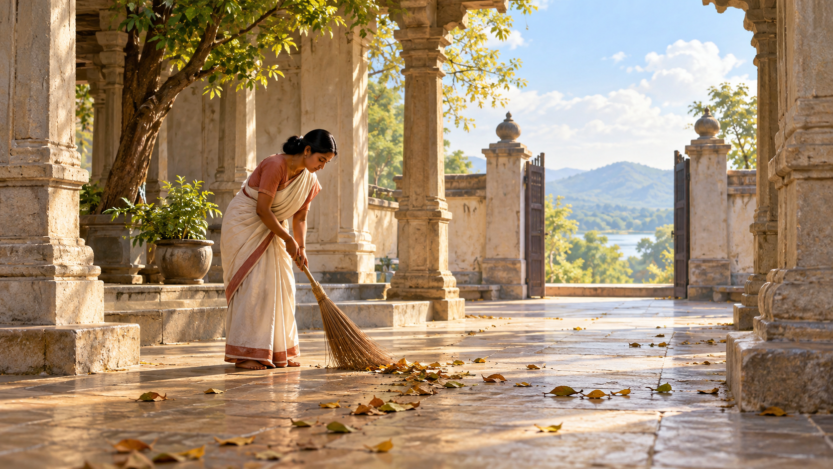 A practitioner quietly sweeps an empty temple courtyard while an open gate overlooks distant hills.