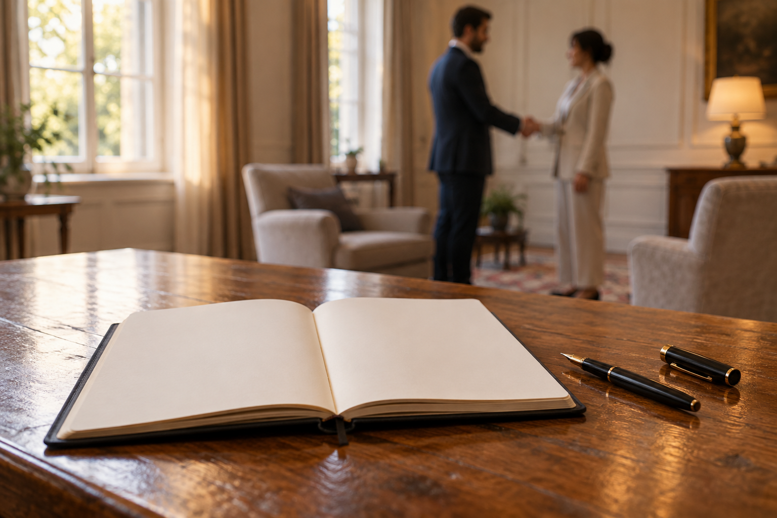 A blank notebook and pen sit in focus while two people exchange a formal greeting in the background of a reception room.