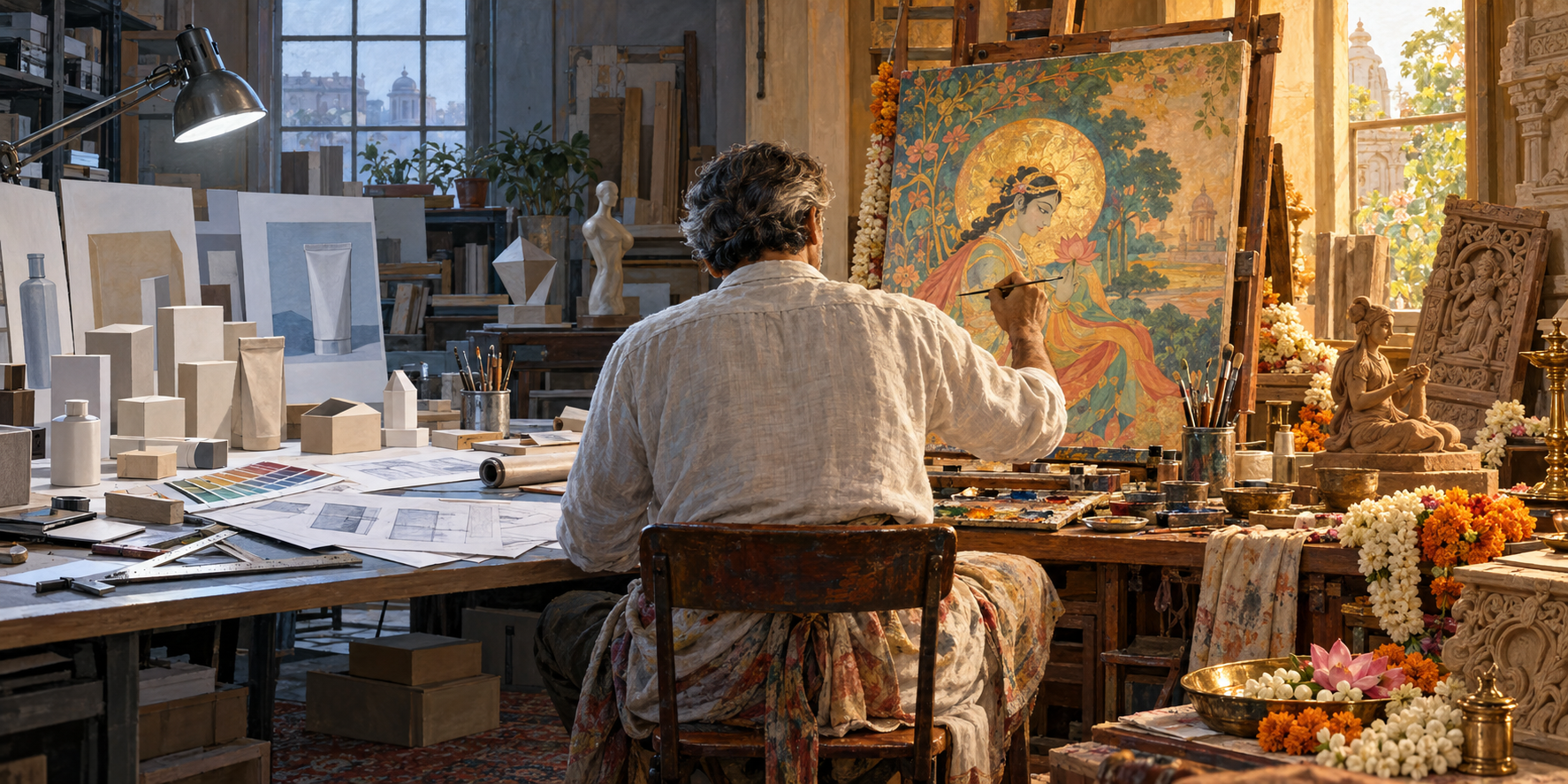 An artist stands between a cool-toned commercial design workspace and a warm devotional art studio while holding the same paintbrush across both settings.