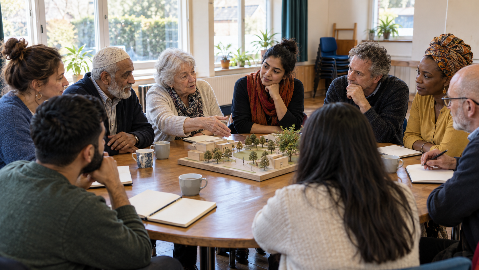 Community members and civic representatives discuss an unlabeled model of a public space around a table in a sunlit hall.