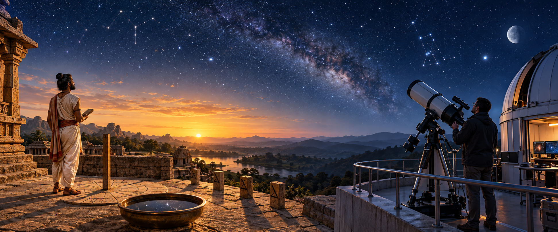 An ancient Indian sky observer with a gnomon and a modern astronomer with a telescope study the same night sky from visually separated settings.