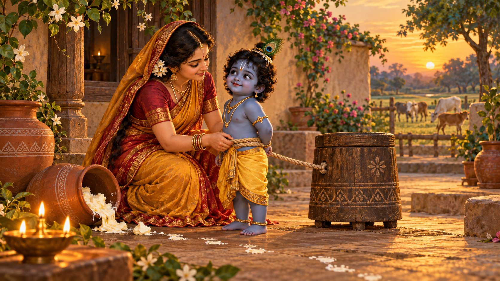 Mother Yashoda gently ties a rope around child Krishna's waist beside a wooden grinding mortar in a warmly lit Vraja courtyard.
