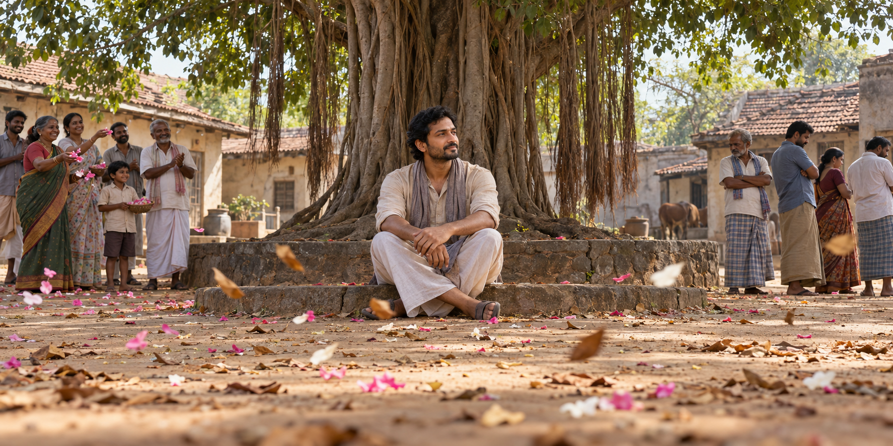 A calm practitioner sits beneath a banyan tree between people showing approval and skepticism.