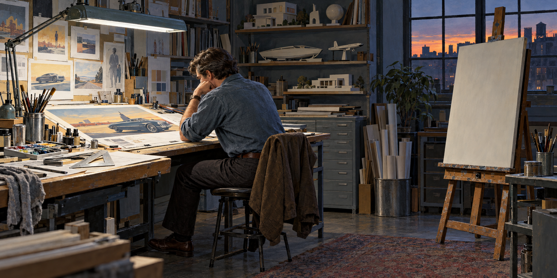 A professionally equipped artist sits pensively beside finished commercial artwork and an untouched blank canvas in a studio after hours.