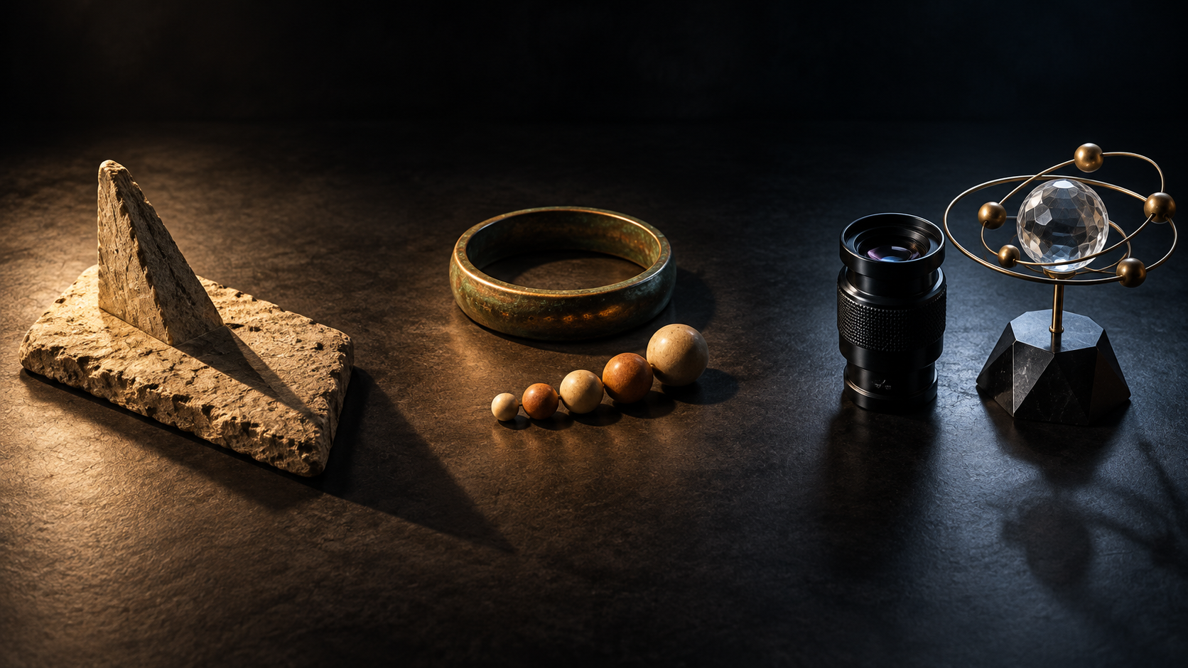 A gnomon, a ring with cycle-like beads, and modern astronomy instruments are displayed in three separate groups on a dark table.