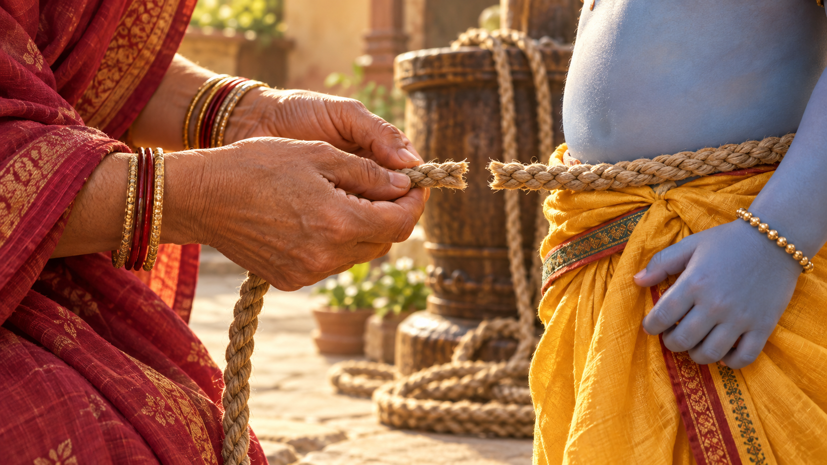 Mother Yashoda's hands hold two rope ends that remain slightly apart around child Krishna's waist, with extra rope beside a wooden mortar.