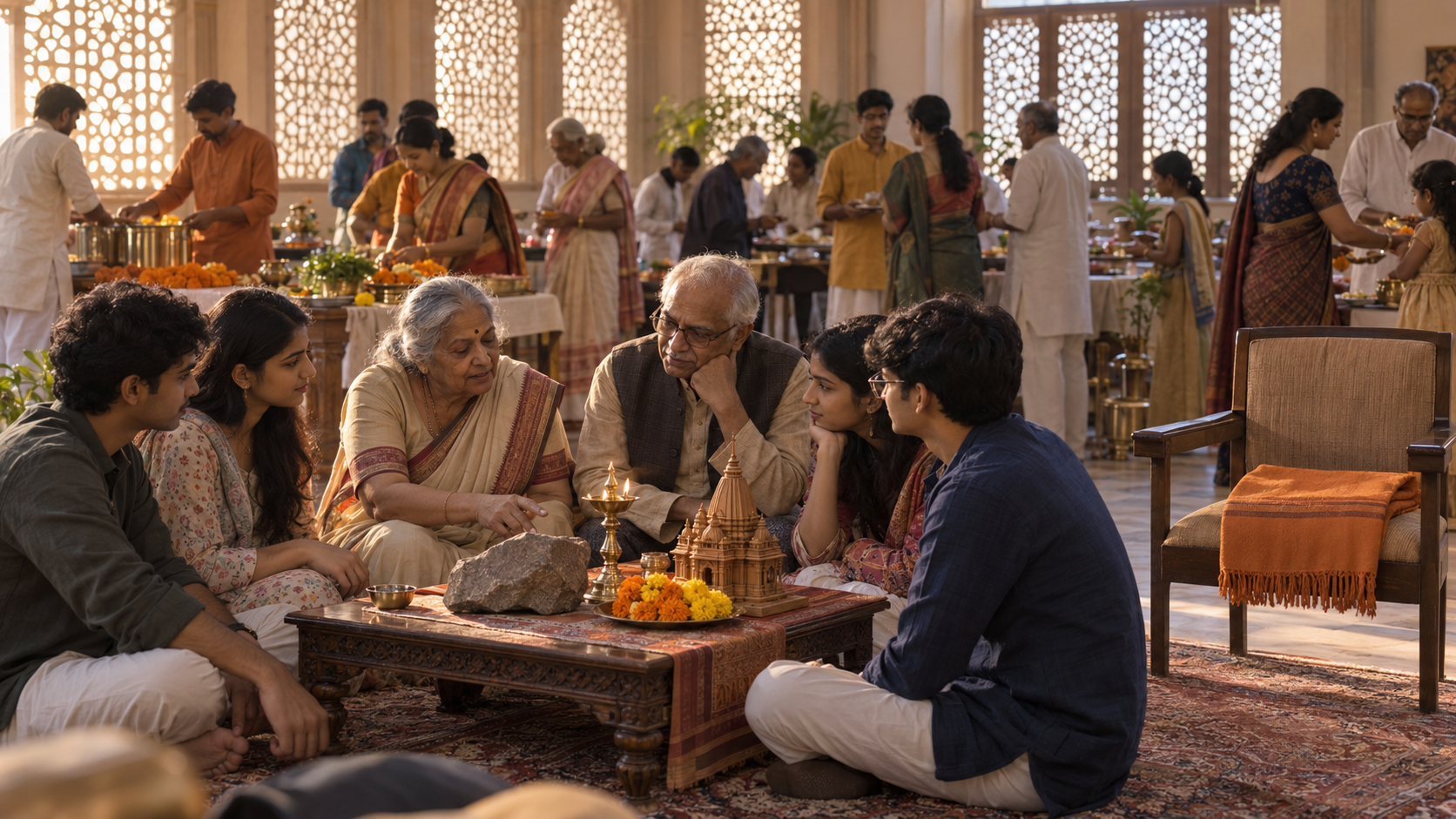Elders and young adults gather around a lamp and temple model while community members prepare offerings in the background.