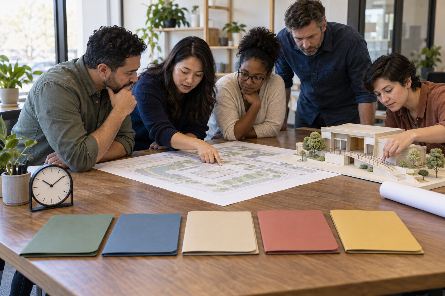 Community organizers and public-service staff arrange five blank project folders while reviewing an unlabeled plan and an architectural model.
