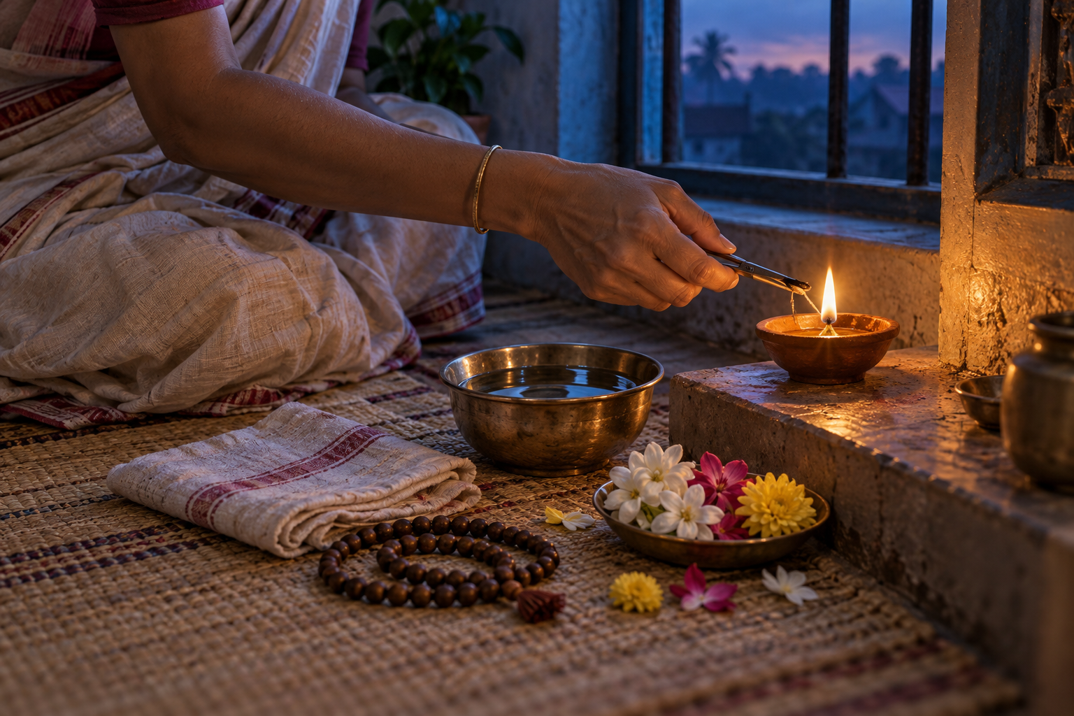 A person prepares a clay lamp and simple offerings in a home prayer corner before sunrise.