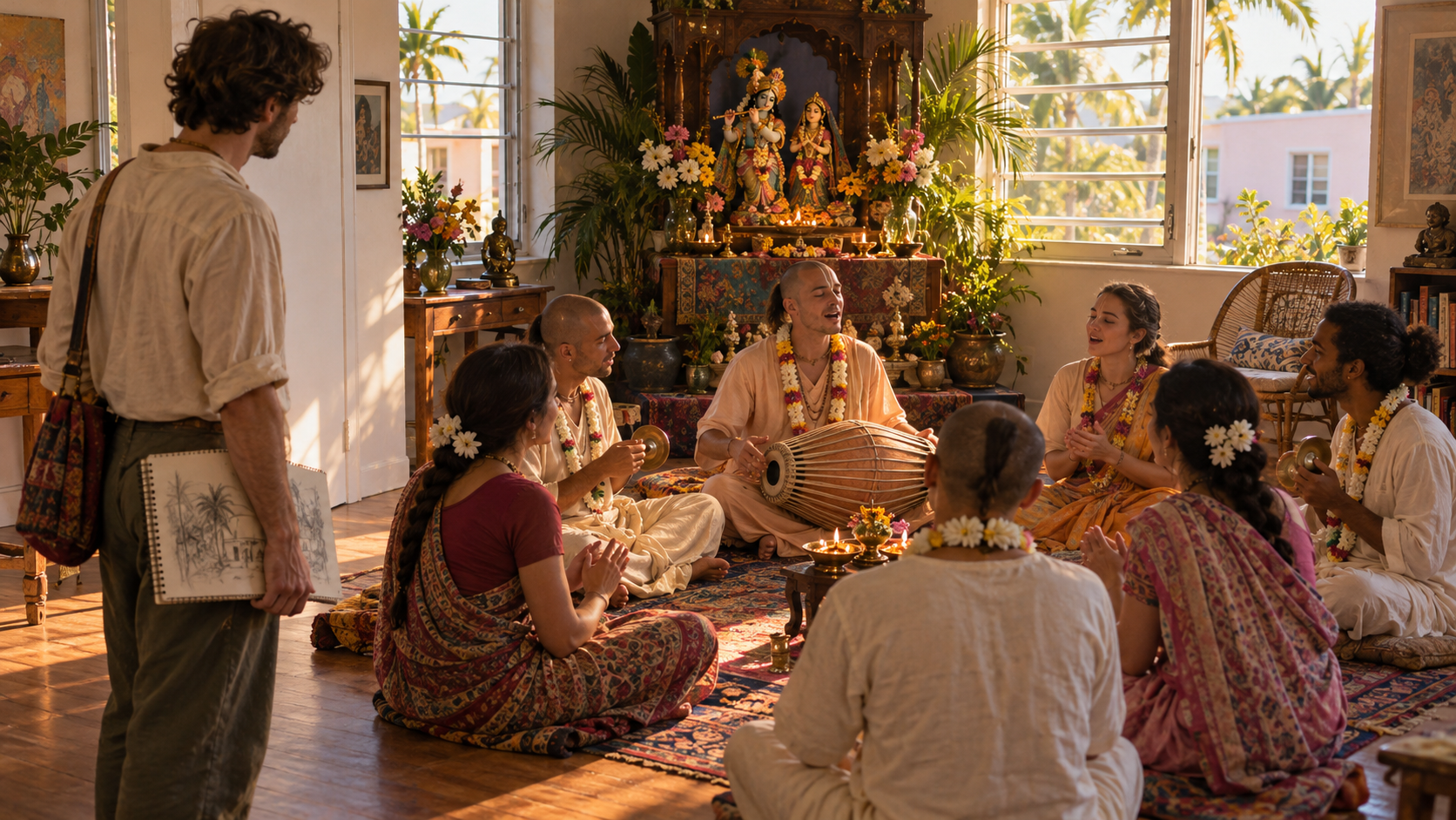 An artist holding a sketchbook watches a small devotional gathering with musicians in a sunlit Miami room.