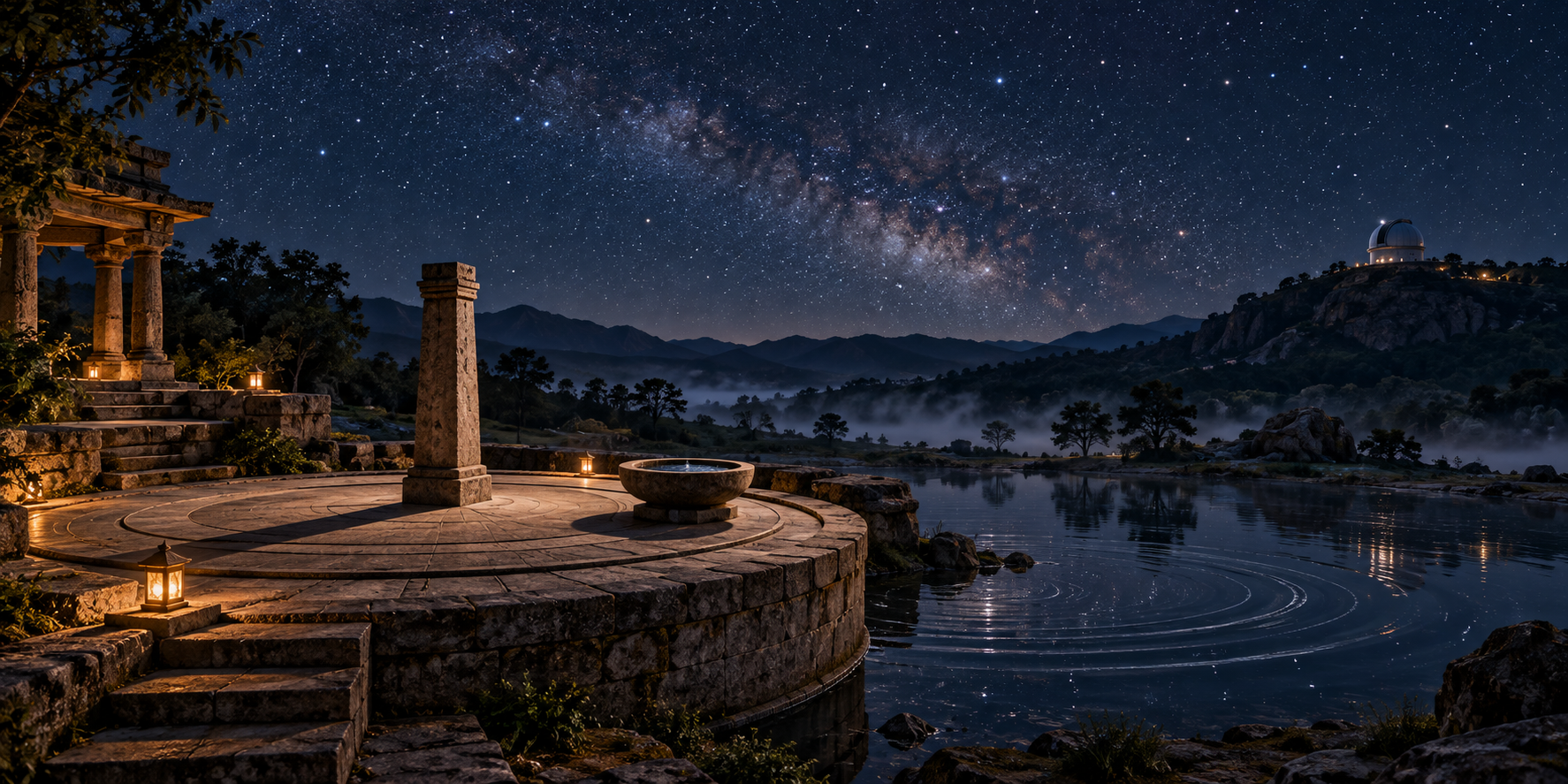 An ancient-style stone observing platform and a distant modern observatory sit beneath the same star-filled sky.