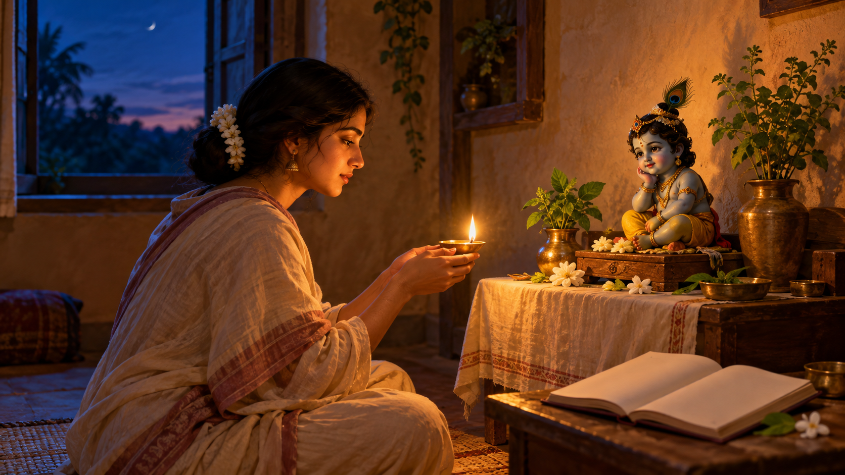 A seated devotee attentively offers a single glowing ghee lamp before a small child-Krishna altar at twilight.