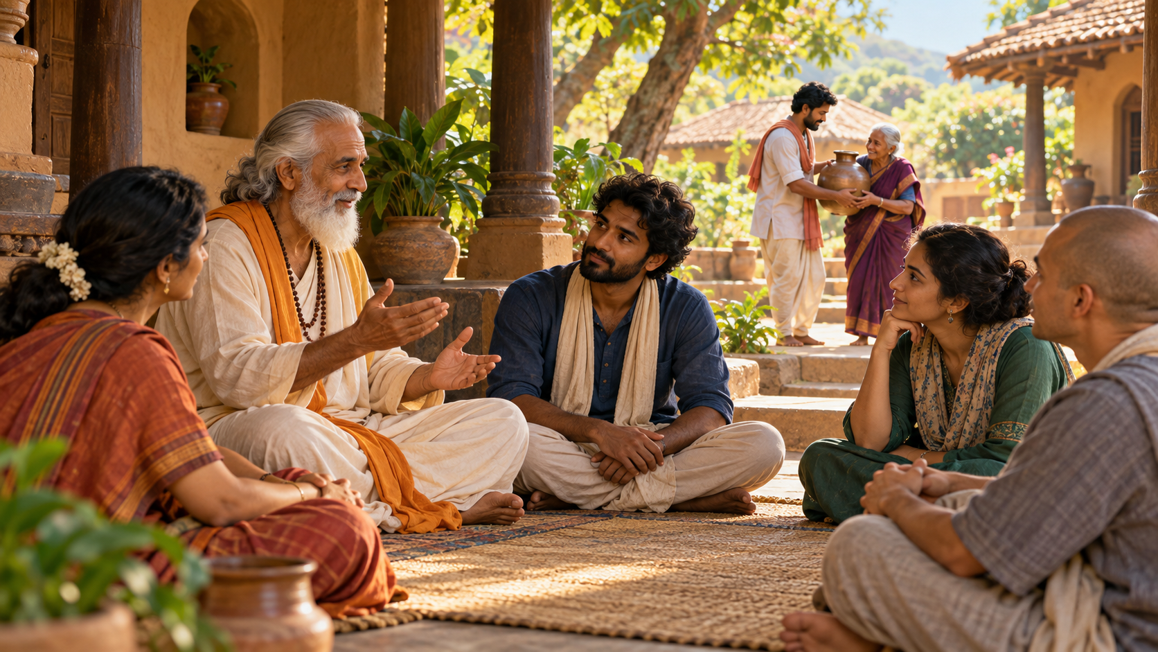 A teacher speaks with a small study circle while a participant helps an elderly neighbor nearby.