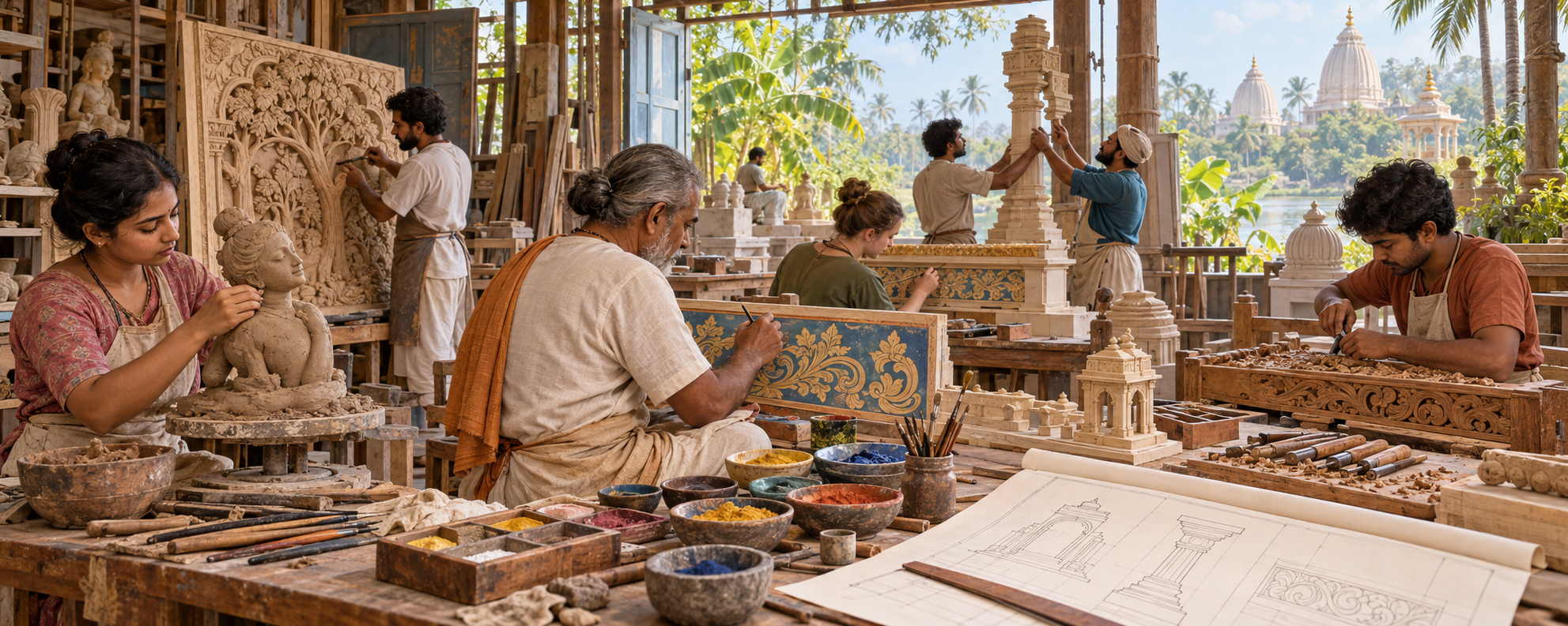Artists and craftspeople collaborate on sculpture, painting, carving, and scenery inside an open workshop in Mayapur.