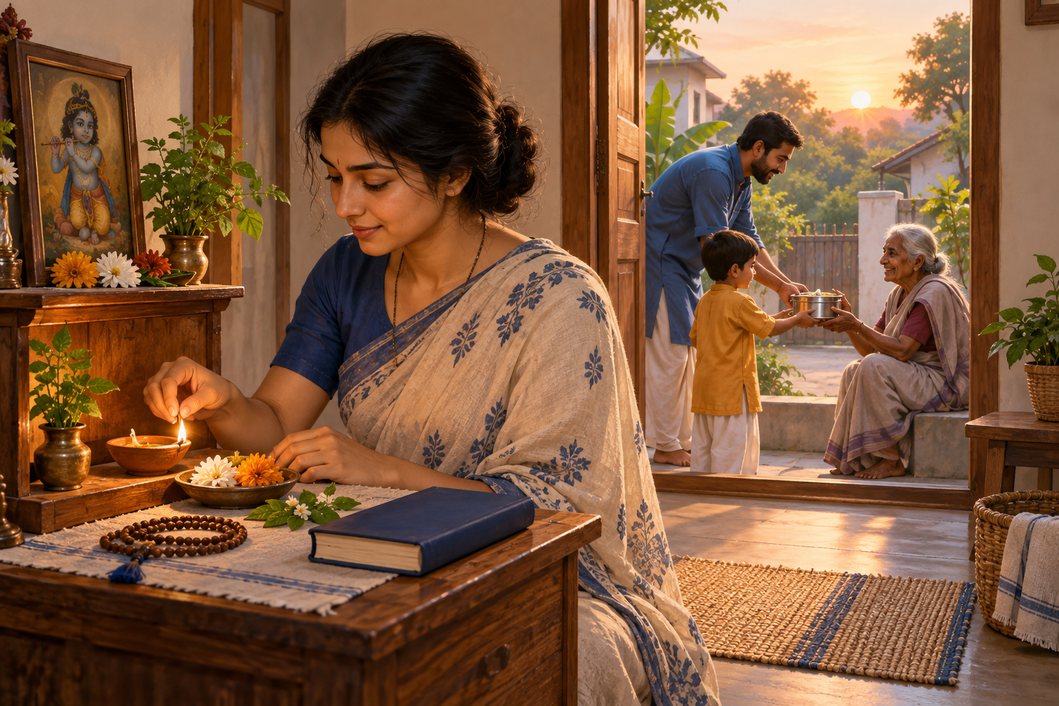 A devotee lights a clay lamp at a simple home altar while household members share food with an elderly neighbor through an open doorway.