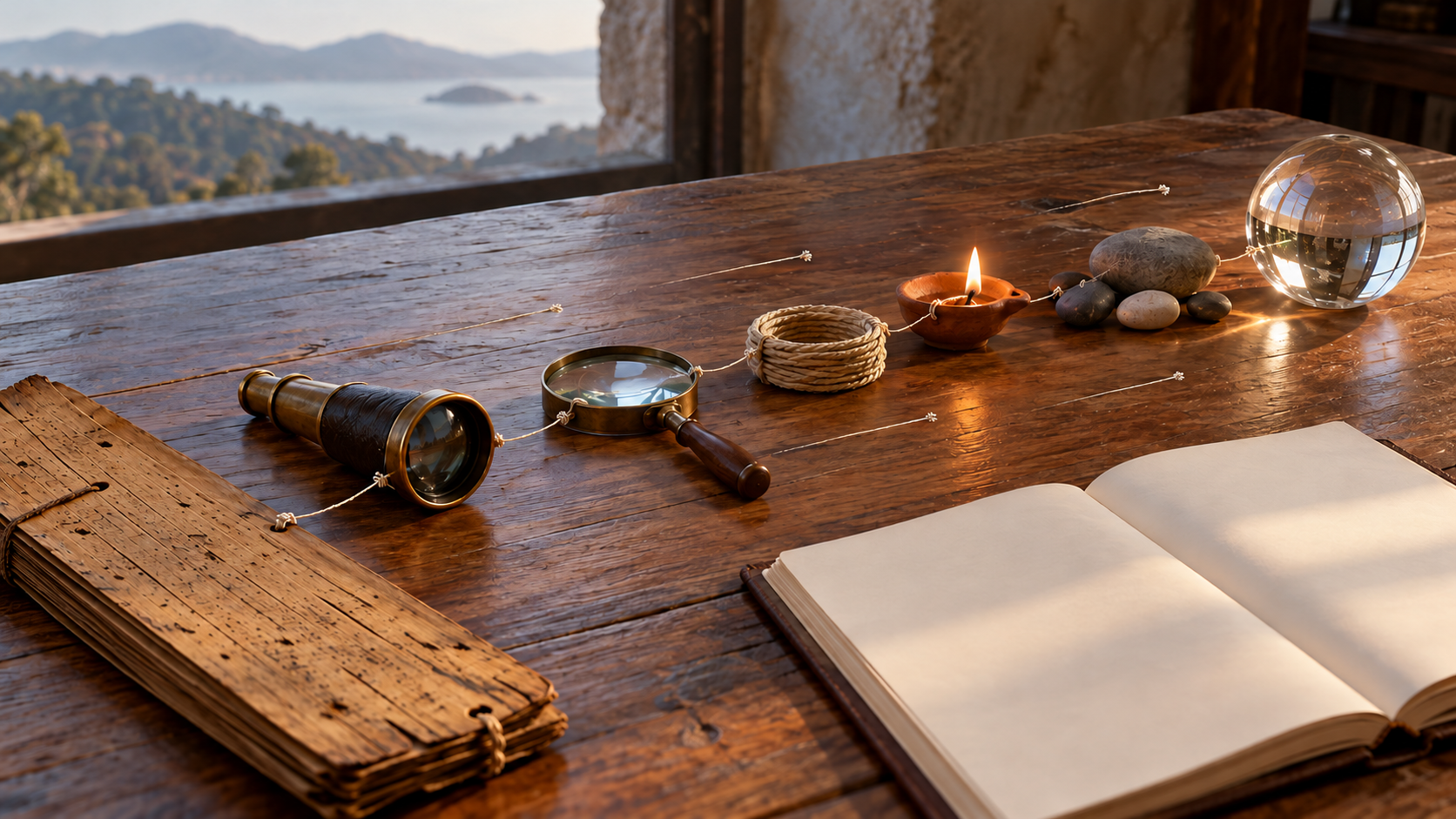 A palm-leaf manuscript and astronomy tools are arranged as seven checkpoints on a scholar's table, with some connecting threads ending at visible gaps.
