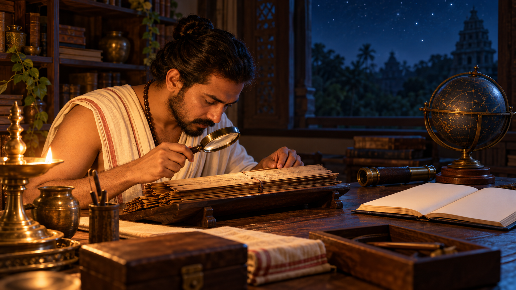 A researcher studies a palm-leaf manuscript while a celestial globe and astronomy instruments remain set apart at the edge of the desk.
