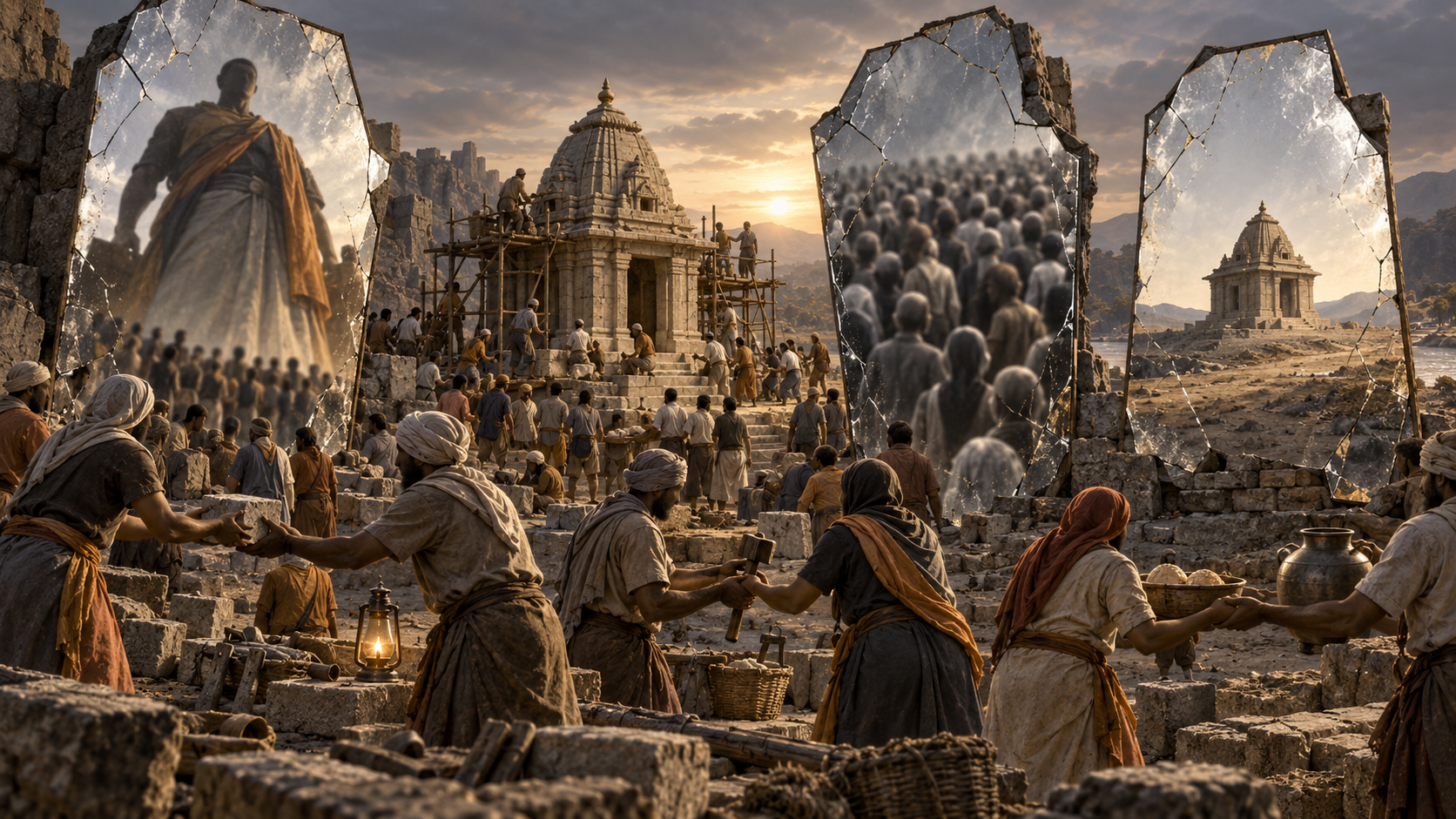 Three cracked mirrors distort a temple and its surrounding movement in different ways while people cooperate in the clear foreground.