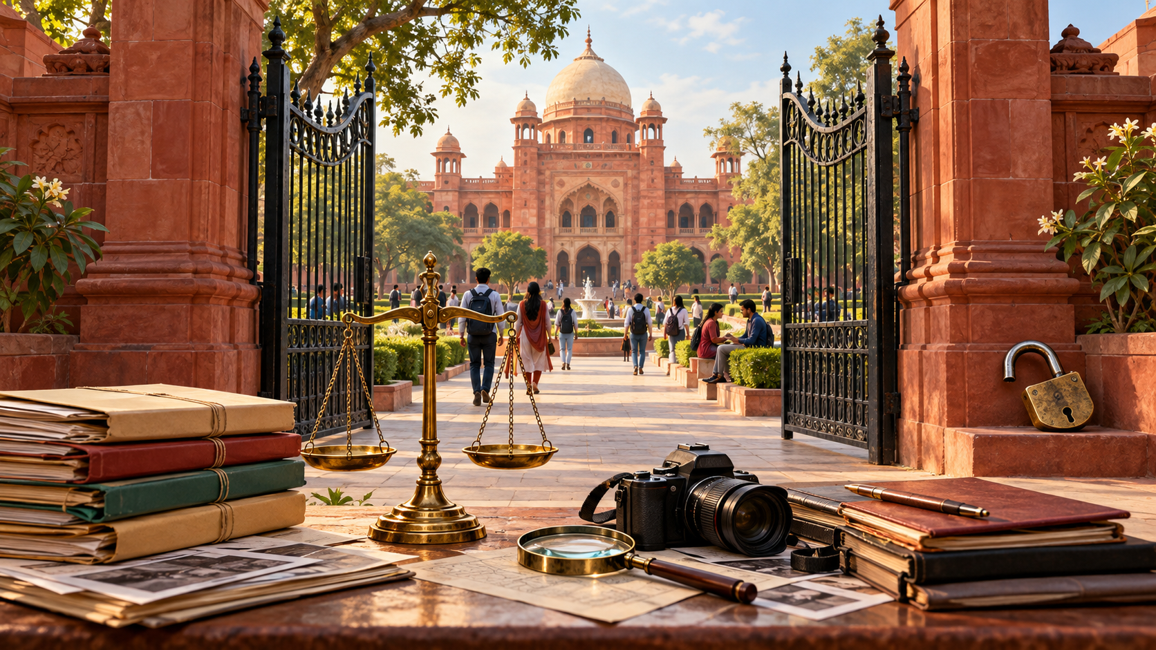 An open red-sandstone university campus stands behind balanced justice scales, evidence folders, a camera, a magnifying glass, and a padlock placed to one side.