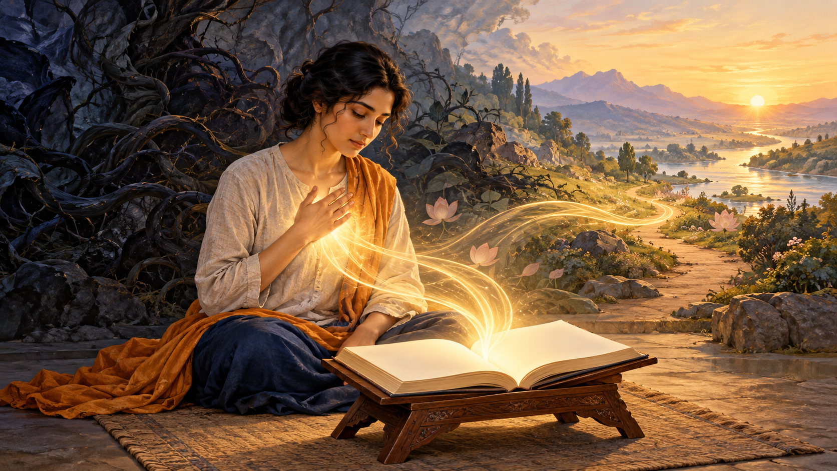 A seated reader reflects beside an open book as golden light opens a clear path through a dark, tangled landscape.