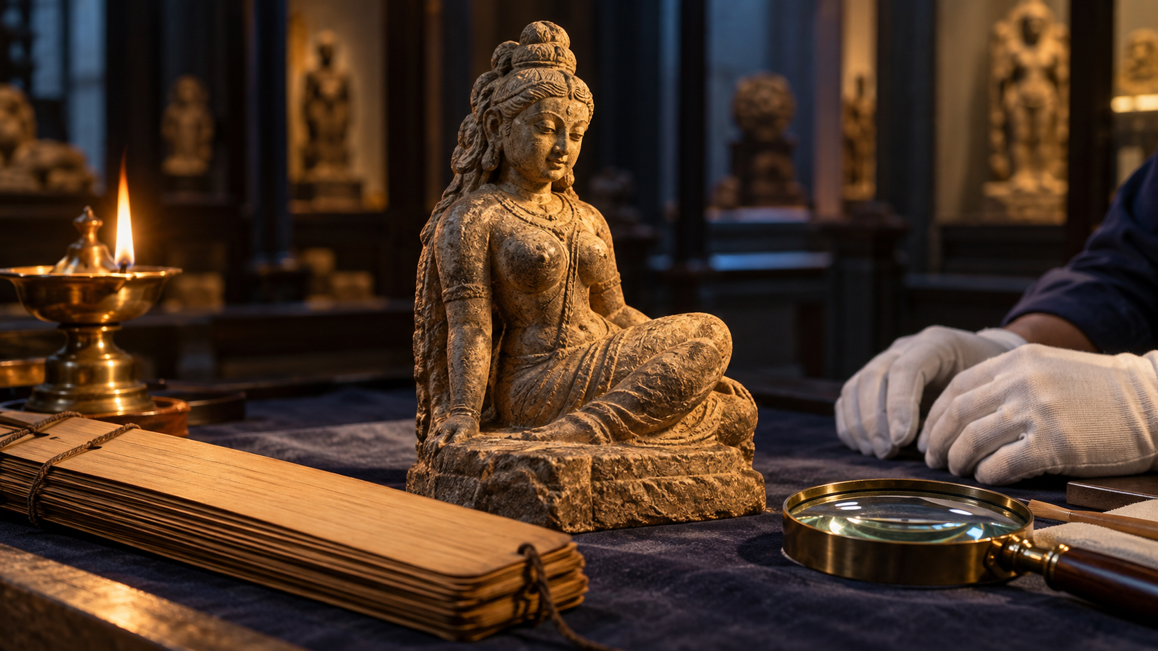 A small weathered stone image of a feminine deity on a museum study table beside a magnifying lens, an uninscribed palm-leaf folio, and gloved hands.