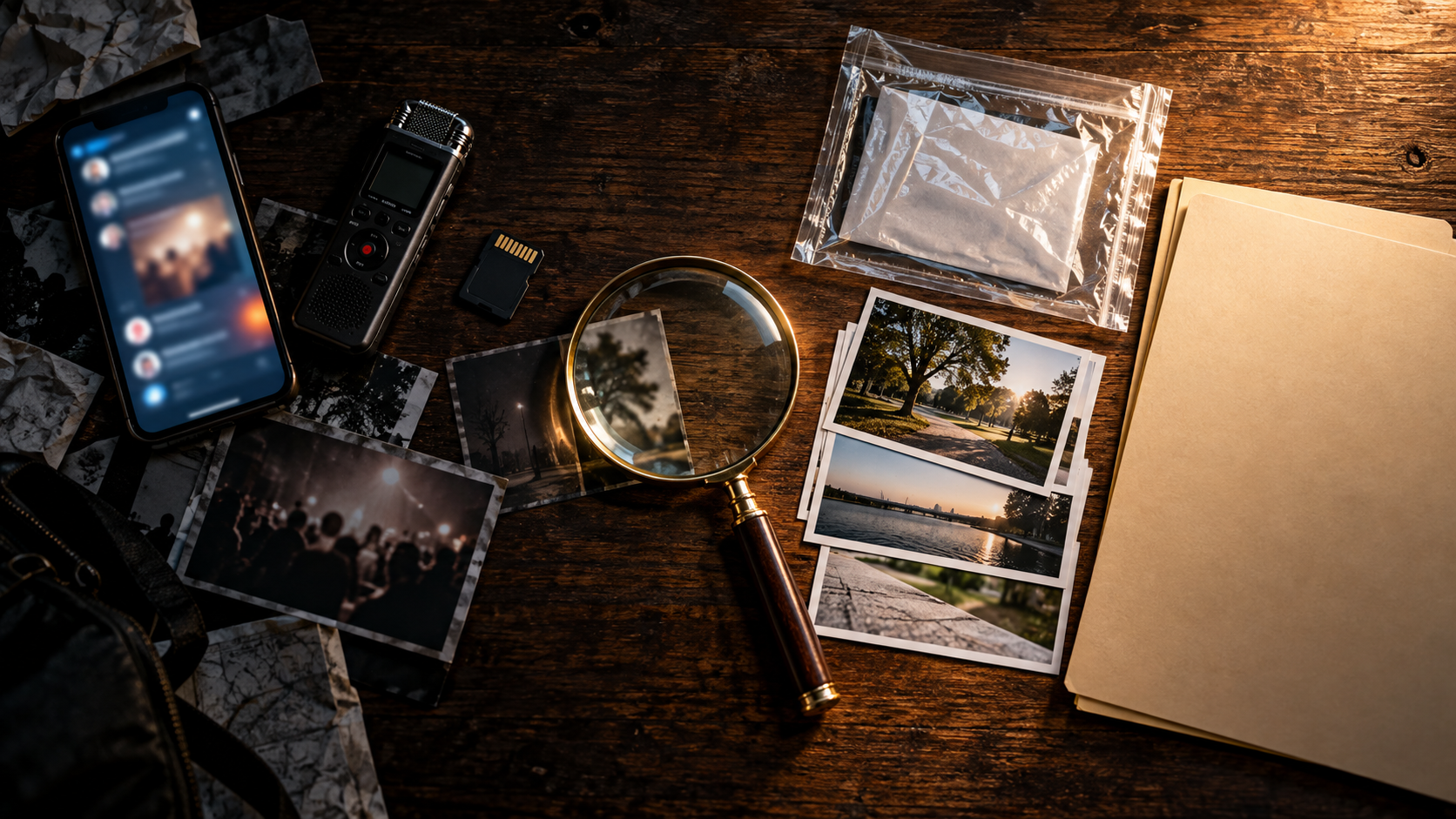 A desk displays a phone, recorder, memory card, evidence sleeve, photographs, case folder, and magnifying glass arranged from scattered claims to organized documentation.