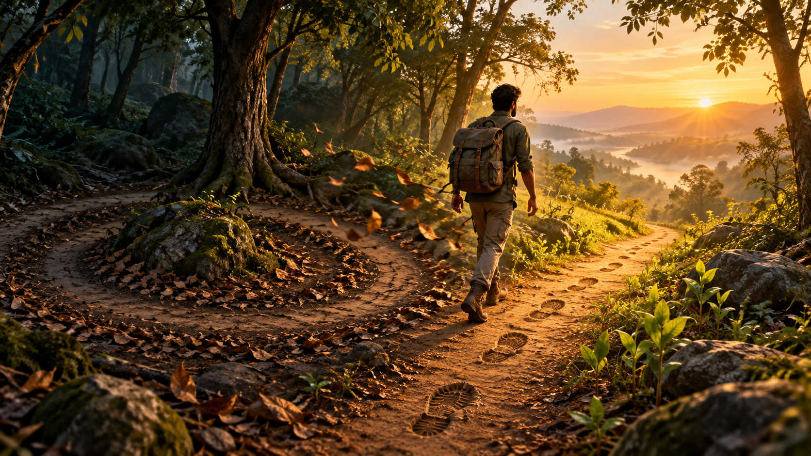 A traveler leaves a circular forest trail and steps onto a sunlit path where green shoots grow beside fresh footprints.
