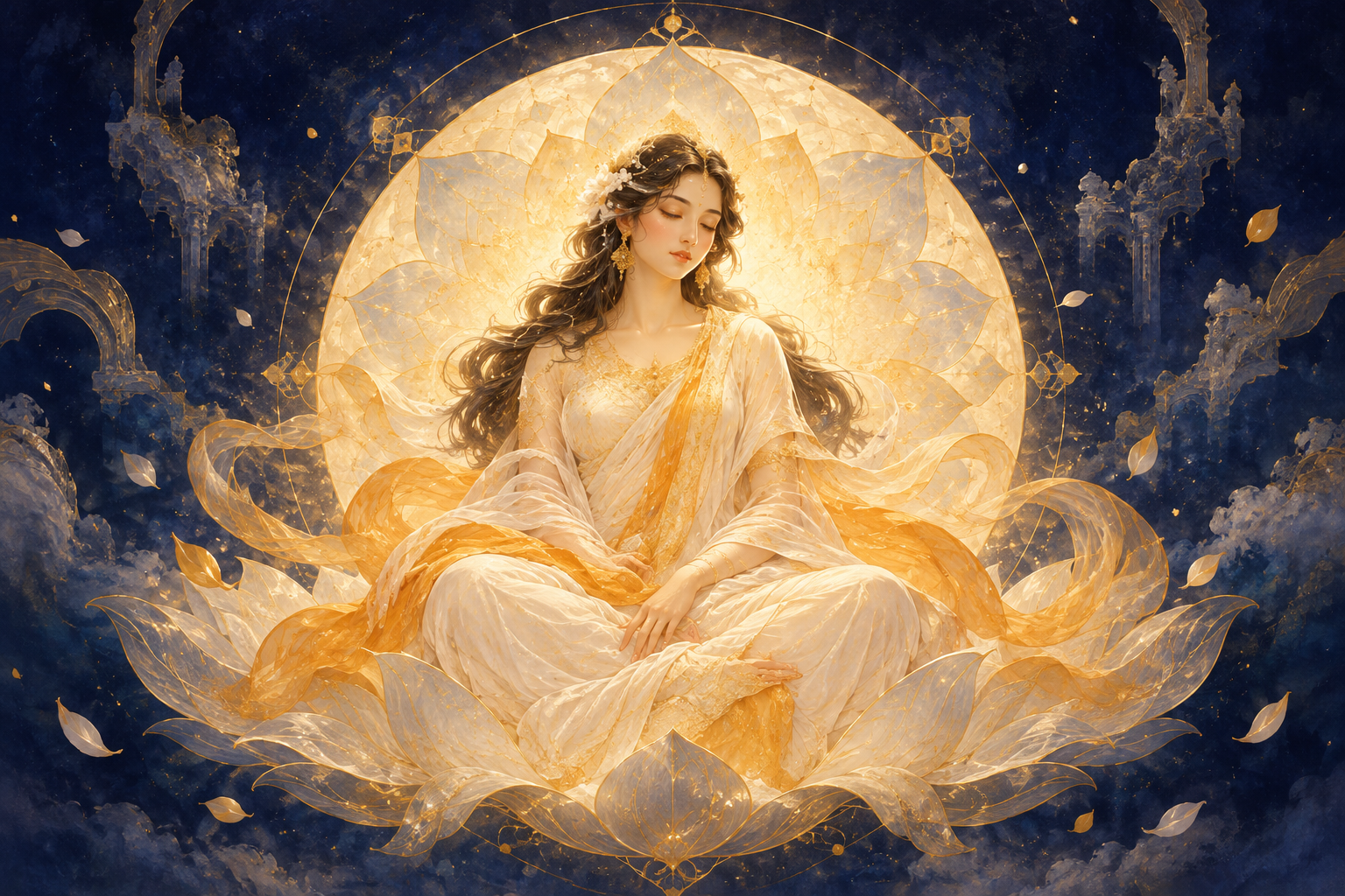 A generalized seated feminine sacred figure surrounded by white-gold light and partially formed ornamental fragments against a dark indigo background.
