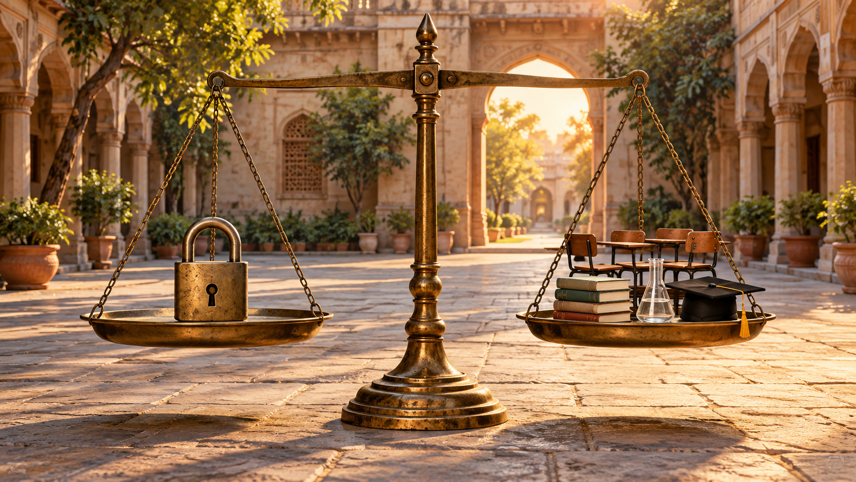 A balanced scale in a university courtyard weighs a padlock against student chairs, books, a laboratory flask, and a graduation cap.