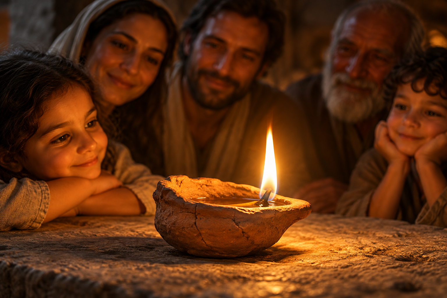 An uneven handmade clay lamp with small cracks holds a steady flame that illuminates several nearby faces.