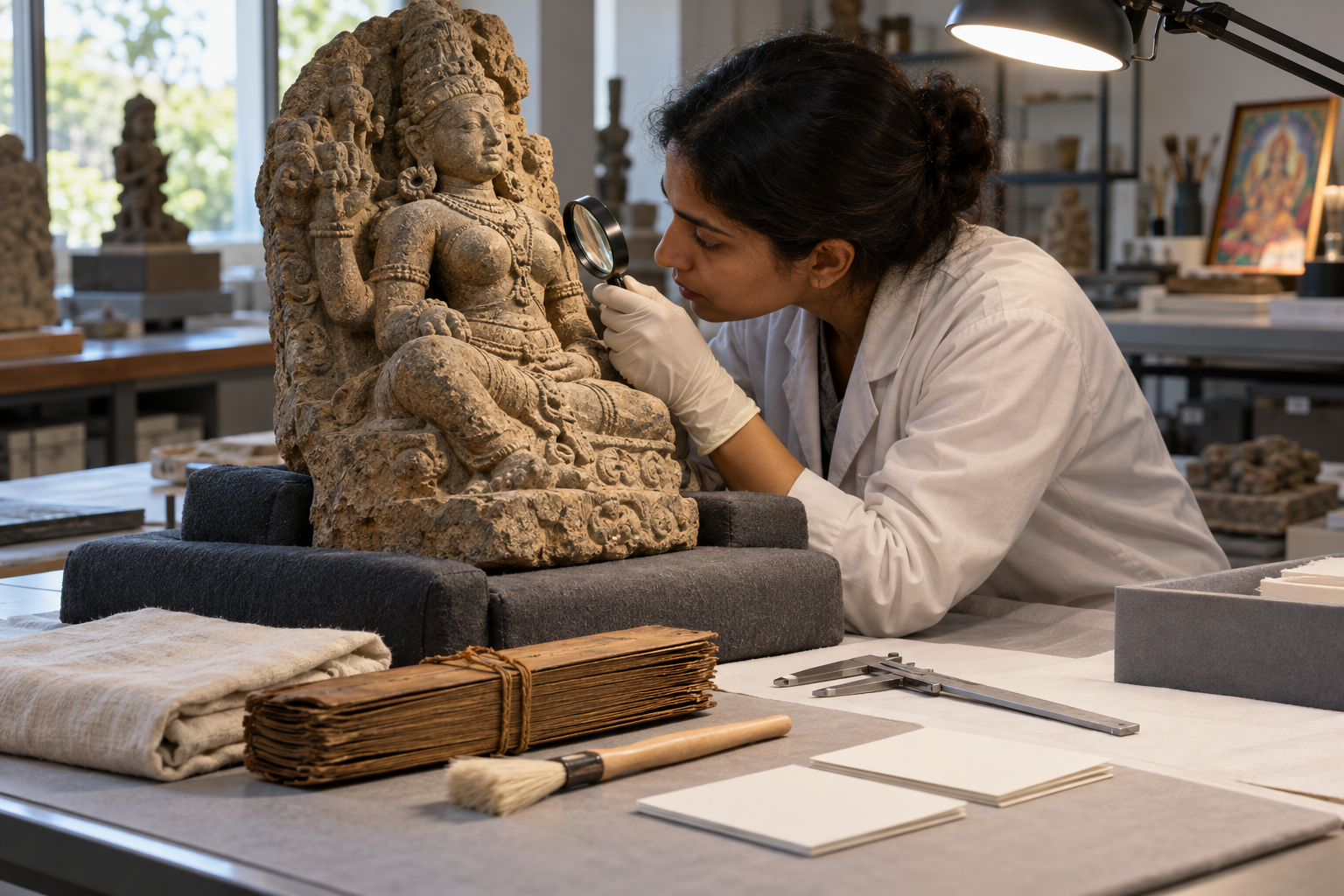A conservator examines a weathered feminine deity sculpture beside an uninscribed palm-leaf bundle and archival tools, with a colorful modern print in the background.
