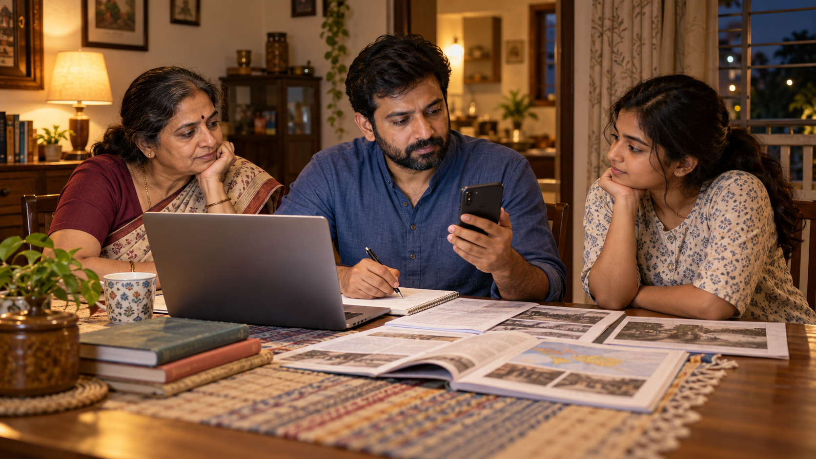 A reader compares an online claim with source materials on a laptop and printed pages while two family members listen nearby.