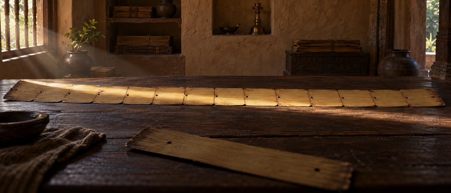 A long sequence of blank palm-leaf folios illuminated by one continuous beam of sunlight, with a single separated leaf in shadow.