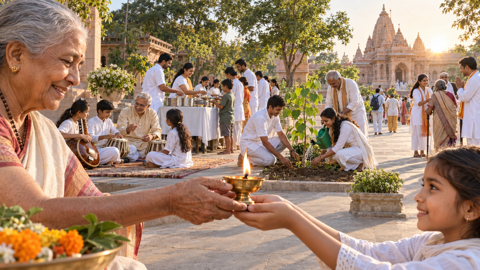 Older and younger volunteers pass a lit lamp while teaching children, serving meals, planting a tree, and helping pilgrims near a temple.