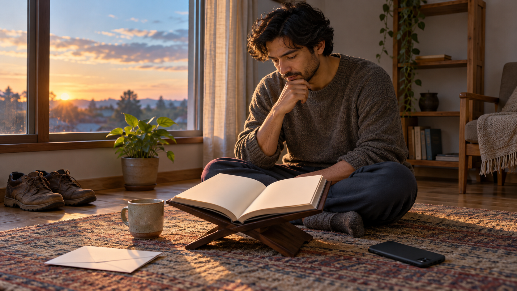 A person reads an open book beside a dawn-lit window, with a face-down phone and ordinary household objects nearby.