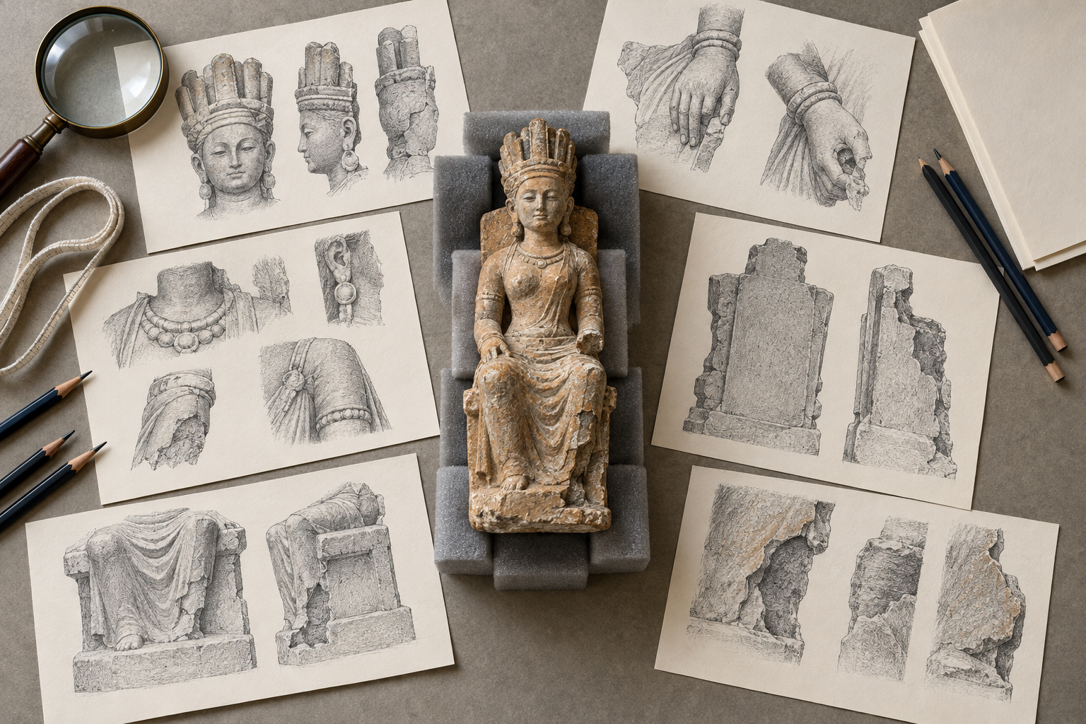 An overhead view of a small goddess sculpture surrounded by unlabeled sketches of its crown, hands, jewelry, seat, backplate, and damaged details.