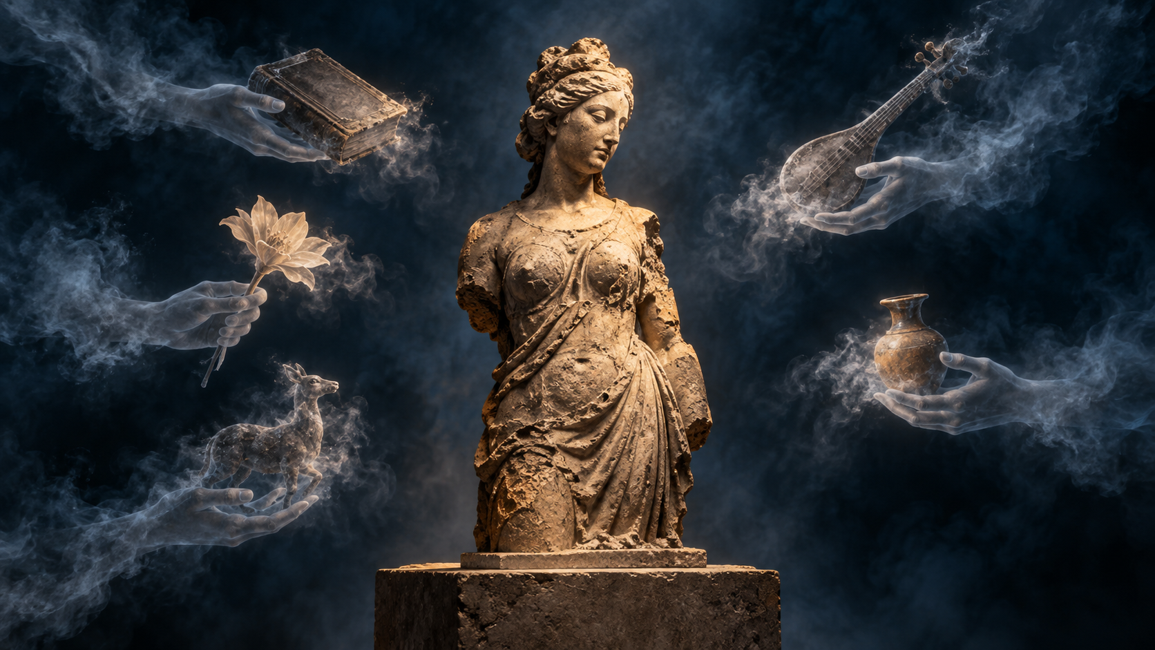 Five translucent hands offer different symbolic objects toward a weathered feminine deity sculpture, but the objects dissolve before touching it.