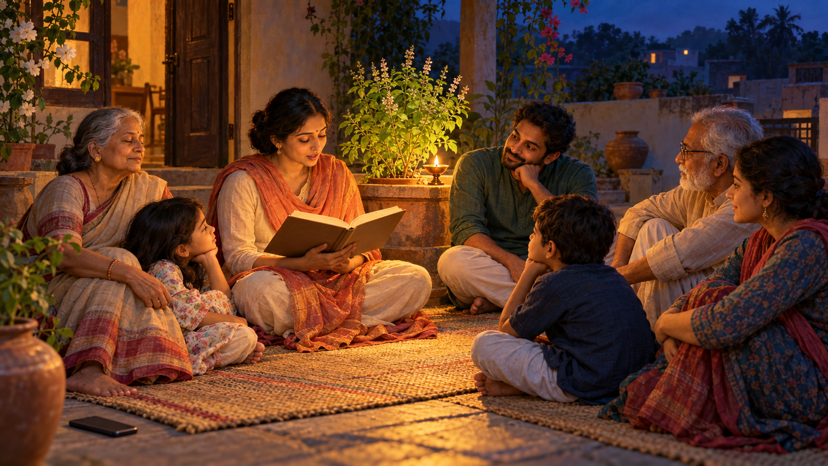 A multigenerational group listens to a reader in a lamp-lit courtyard beside a flowering tulsi plant.