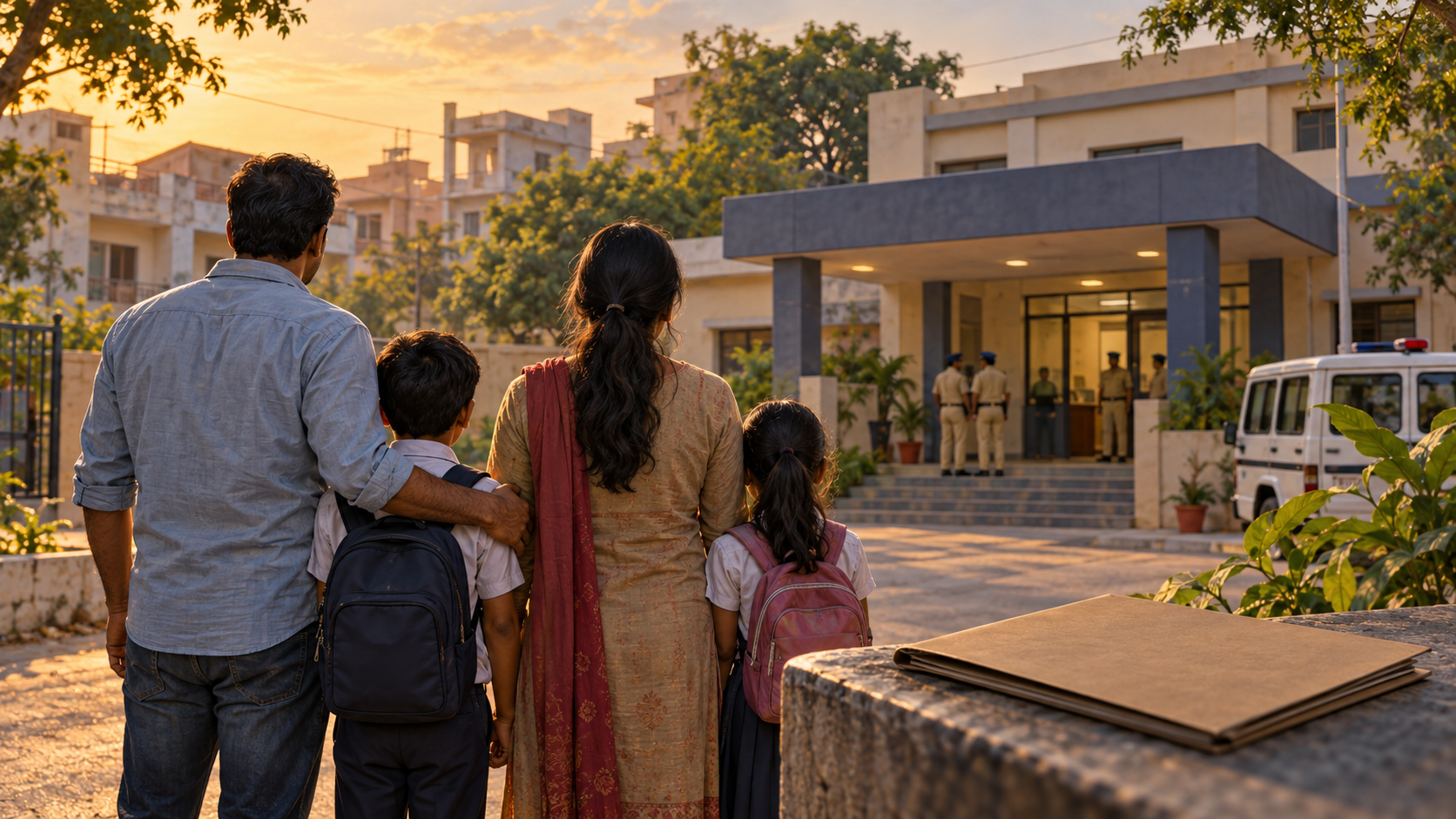 An anonymous family with two children stands near an unmarked case folder and a generic police station in a Raipur neighborhood.