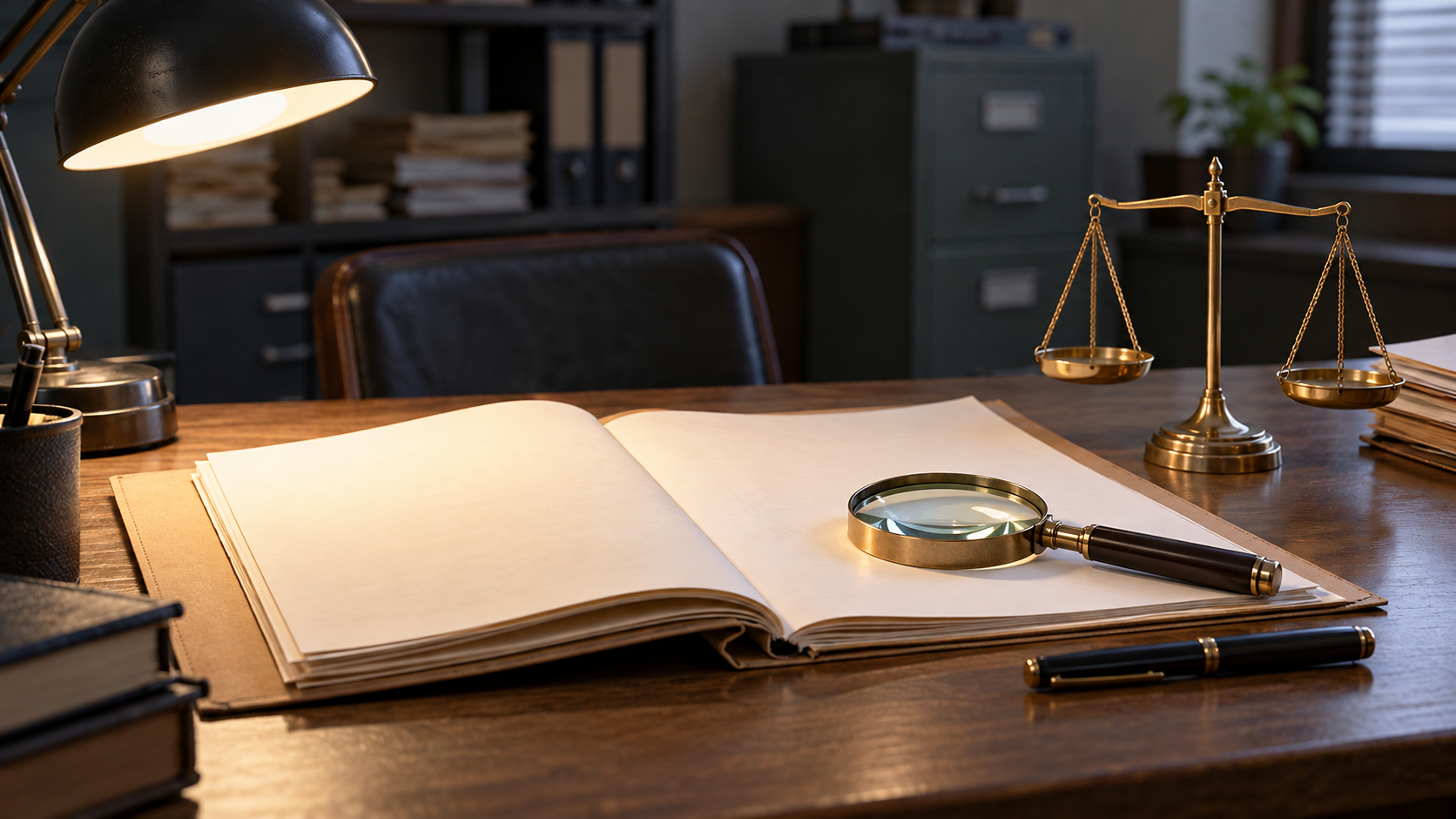 A blank case file, magnifying glass, pen and balanced scales sit beneath a desk lamp.