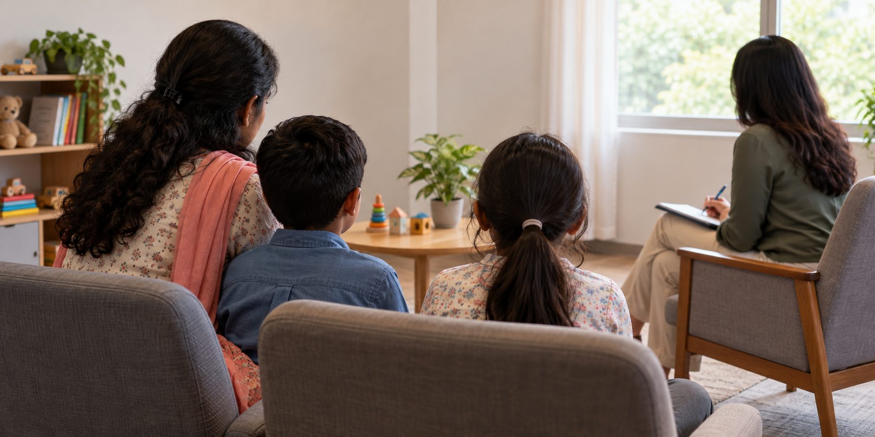 Two children sit with a guardian in a calm private room while a professional listens from a respectful distance.